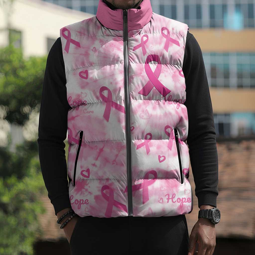 Breast Cancer Awareness Pink Ribbon Sleeveless Puffer Jacket Tie Dye Style