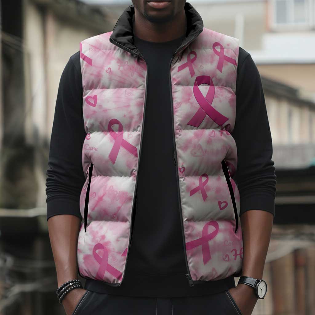 Breast Cancer Awareness Pink Ribbon Sleeveless Puffer Jacket Tie Dye Style