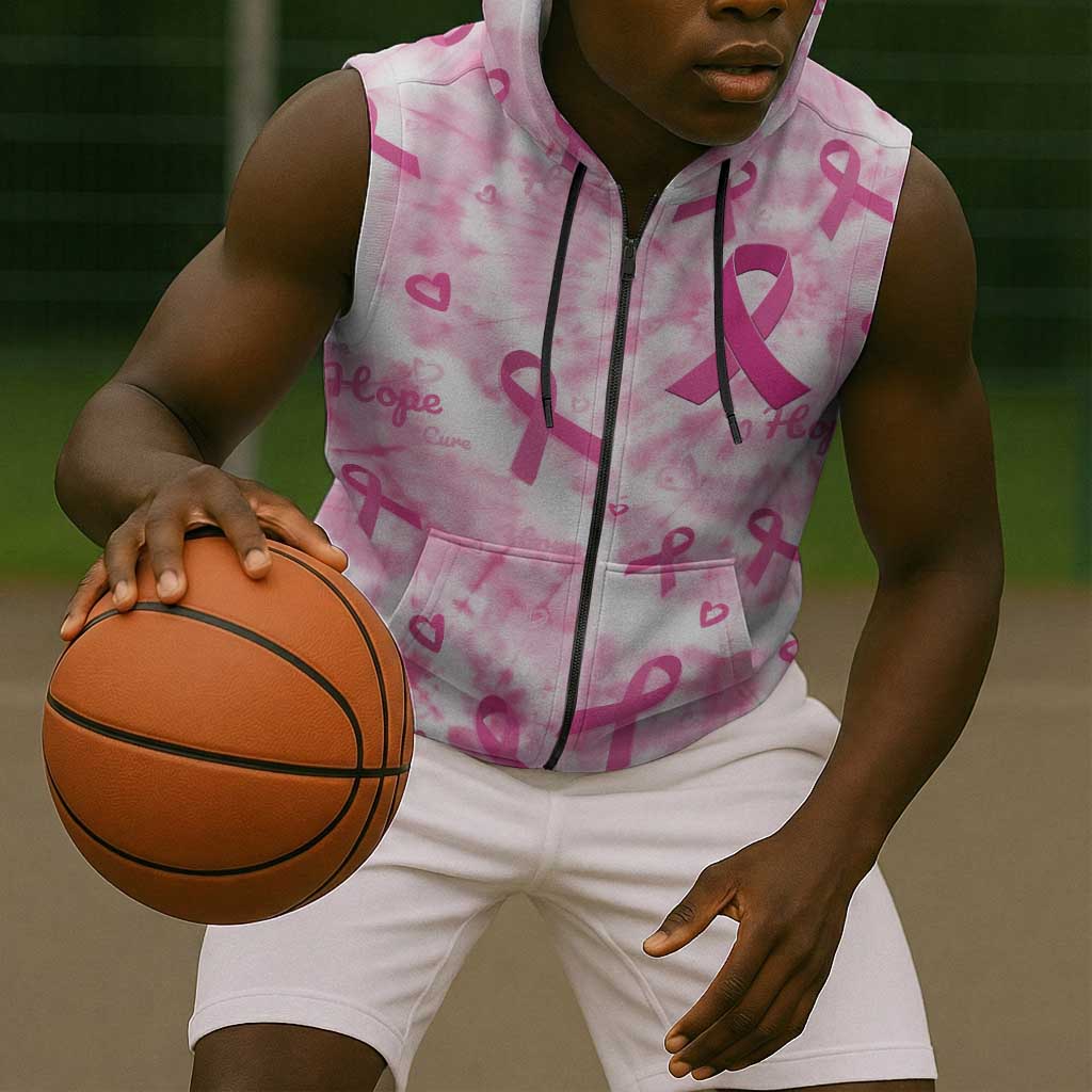 Pink Ribbon With Tie Dye Sleeveless Zip Hoodie Breast Cancer Awareness - African Pride