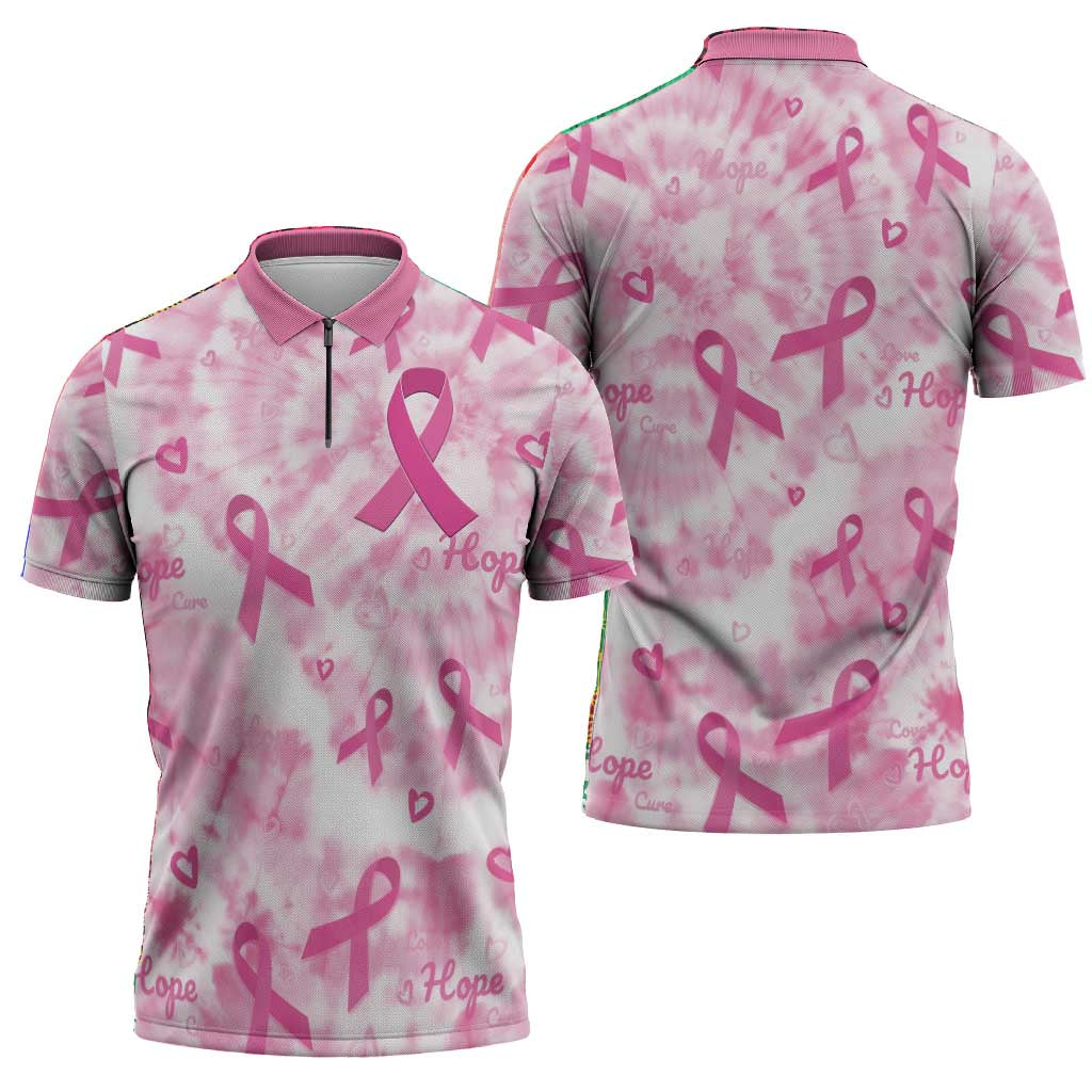 Breast Cancer Awareness Pink Ribbon Zipper Polo Shirt Tie Dye Style
