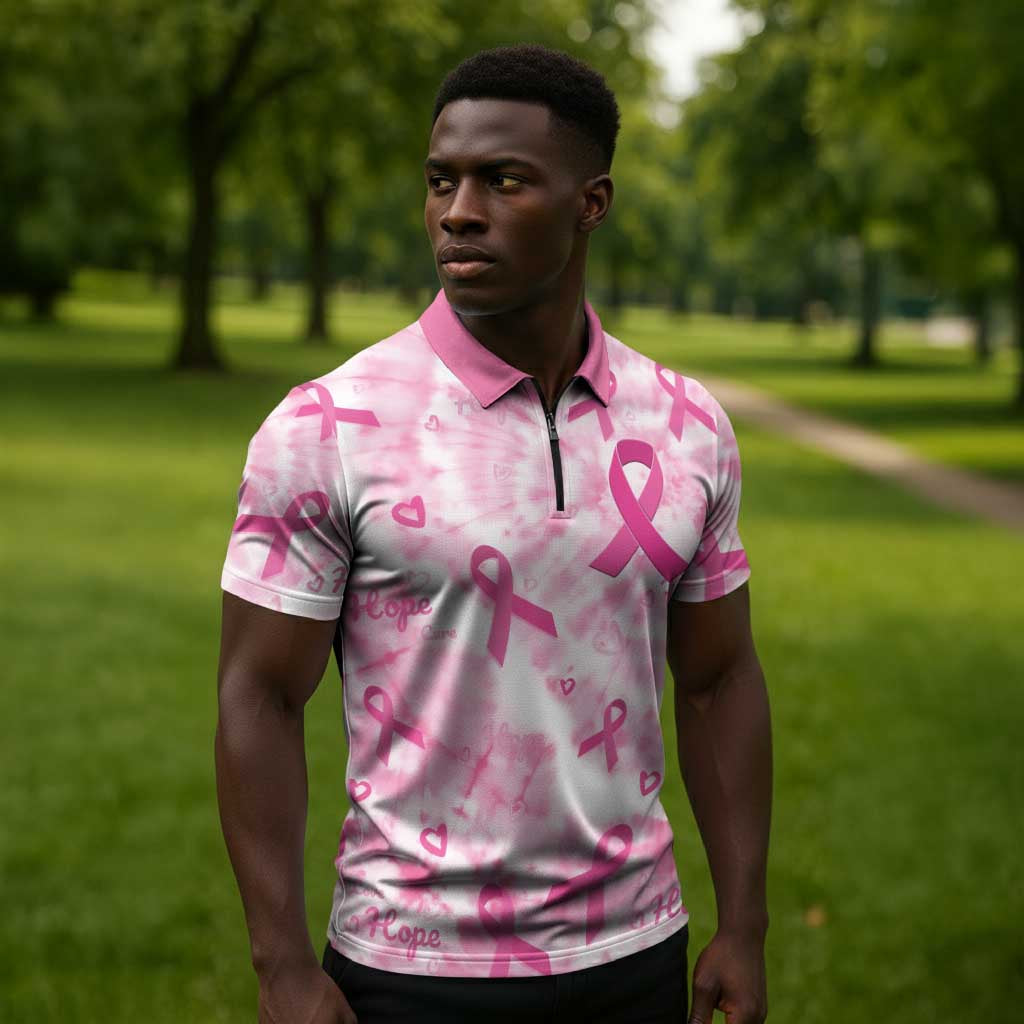 Breast Cancer Awareness Pink Ribbon Zipper Polo Shirt Tie Dye Style