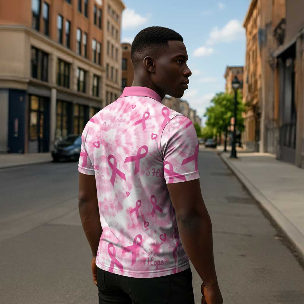 Breast Cancer Awareness Pink Ribbon Zipper Polo Shirt Tie Dye Style