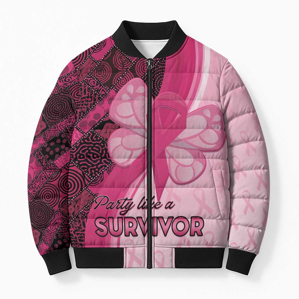 Breast Cancer Awareness Bomber Puffer Jacket Party Like A Survivor - Pink African Pattern