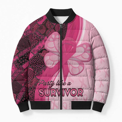 Breast Cancer Awareness Bomber Puffer Jacket Party Like A Survivor - Pink African Pattern