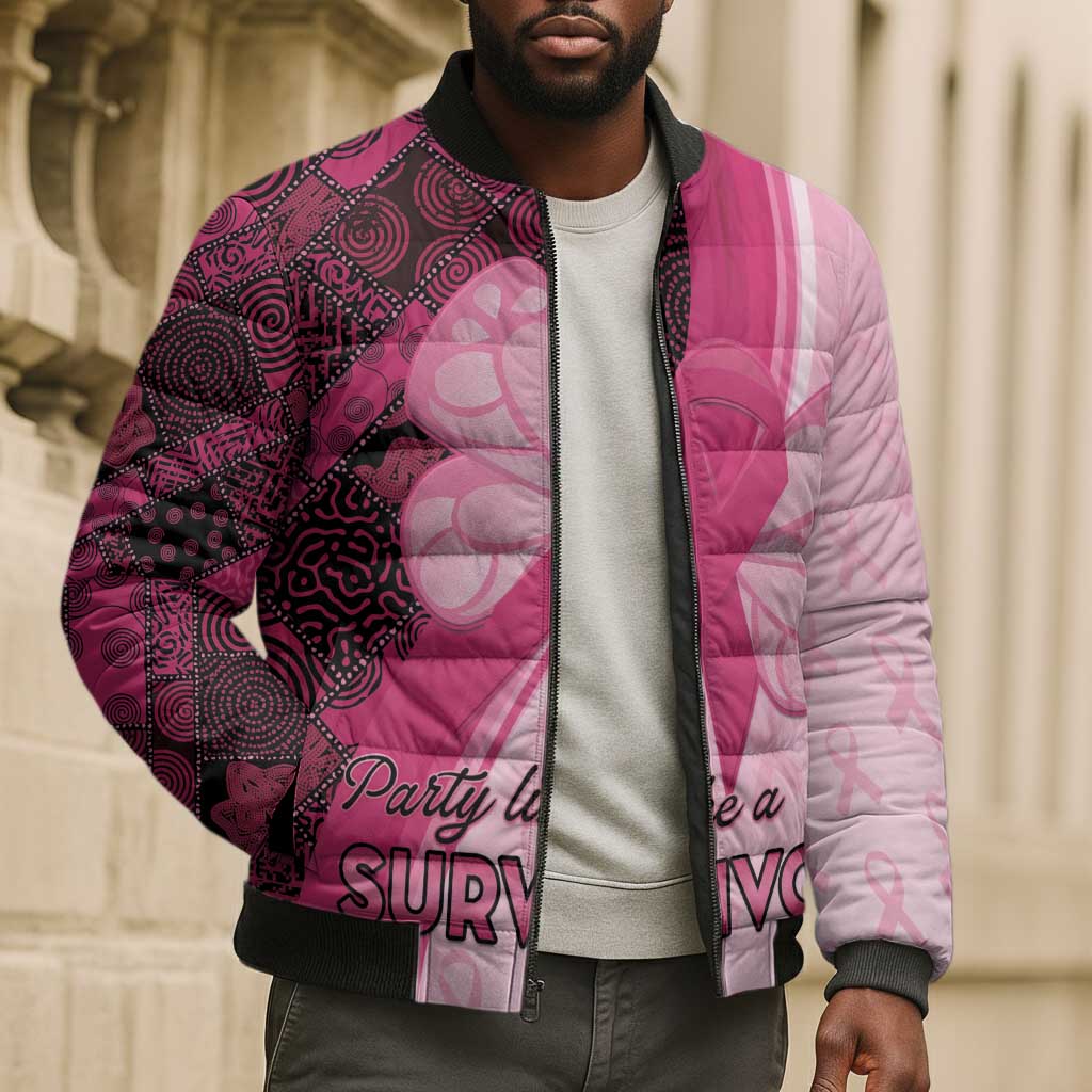 Breast Cancer Awareness Bomber Puffer Jacket Party Like A Survivor - Pink African Pattern