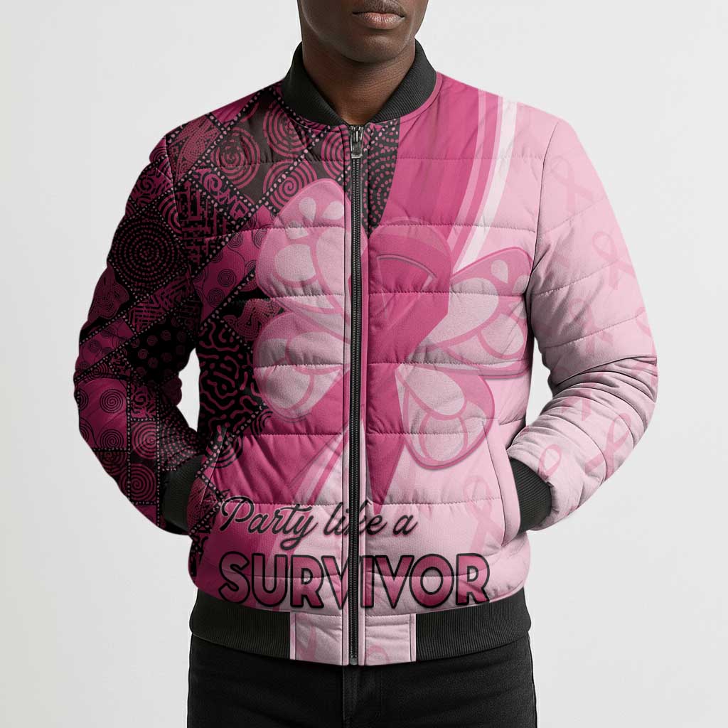 Breast Cancer Awareness Bomber Puffer Jacket Party Like A Survivor - Pink African Pattern