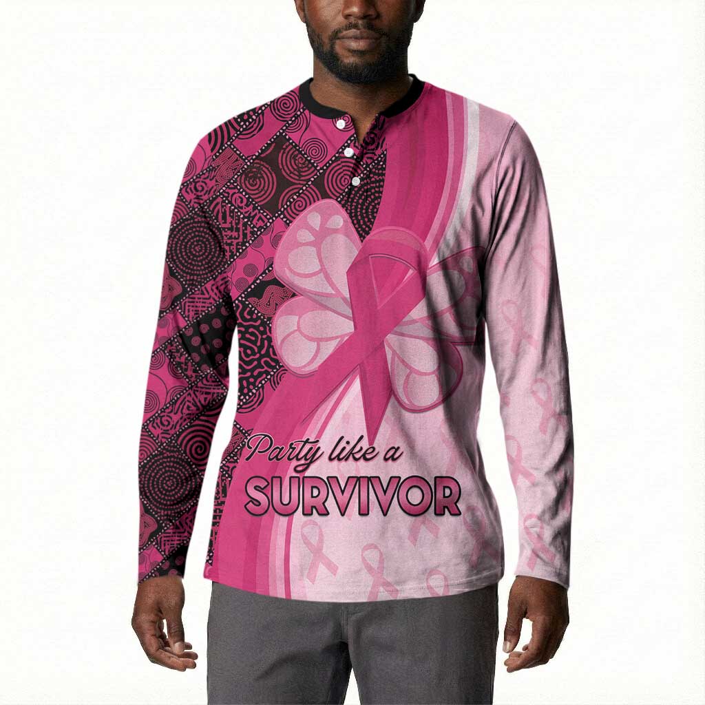 Breast Cancer Awareness Button Sweatshirt Party Like A Survivor - Pink African Pattern