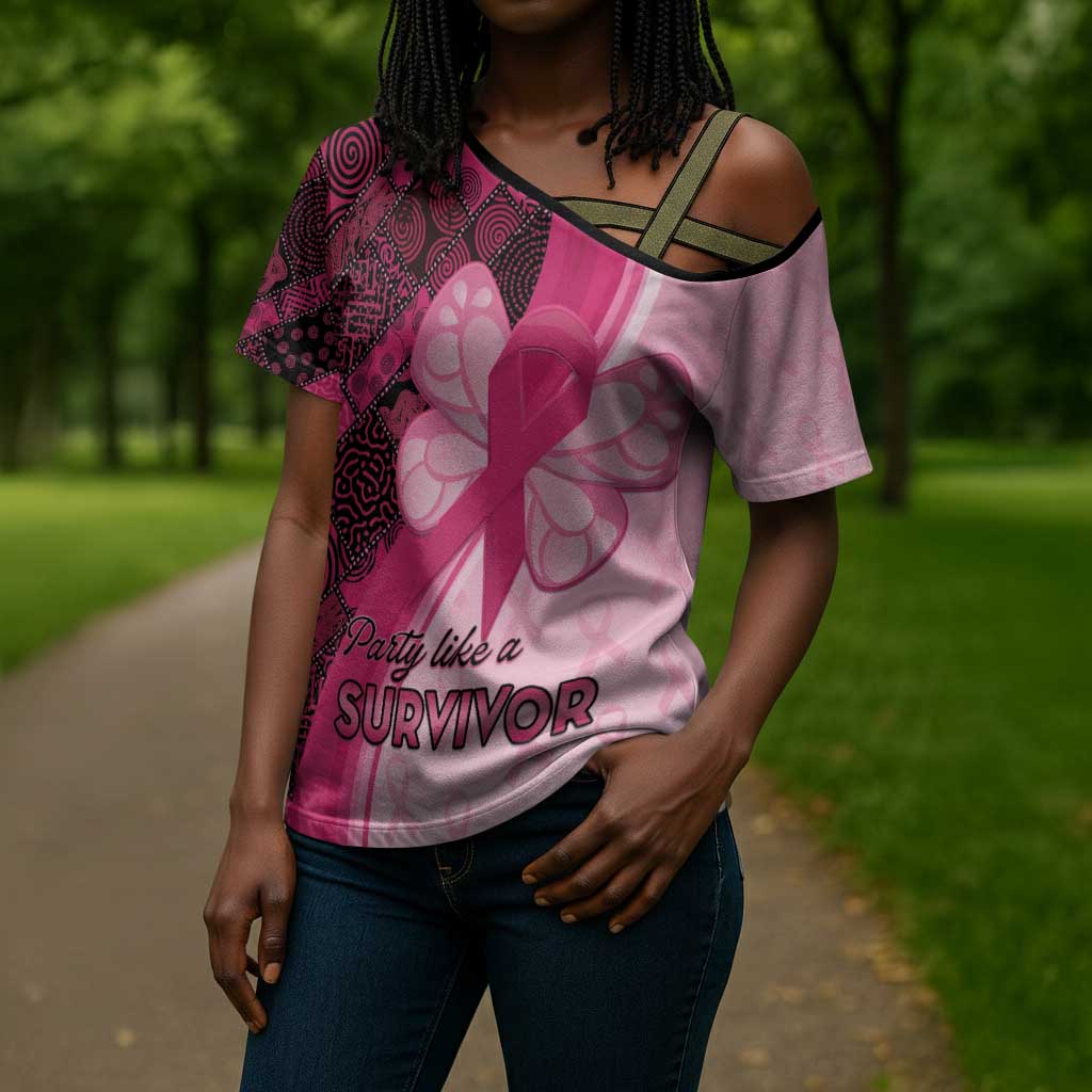 Breast Cancer Awareness Cross Shoulder Shirt Party Like A Survivor - Pink African Pattern