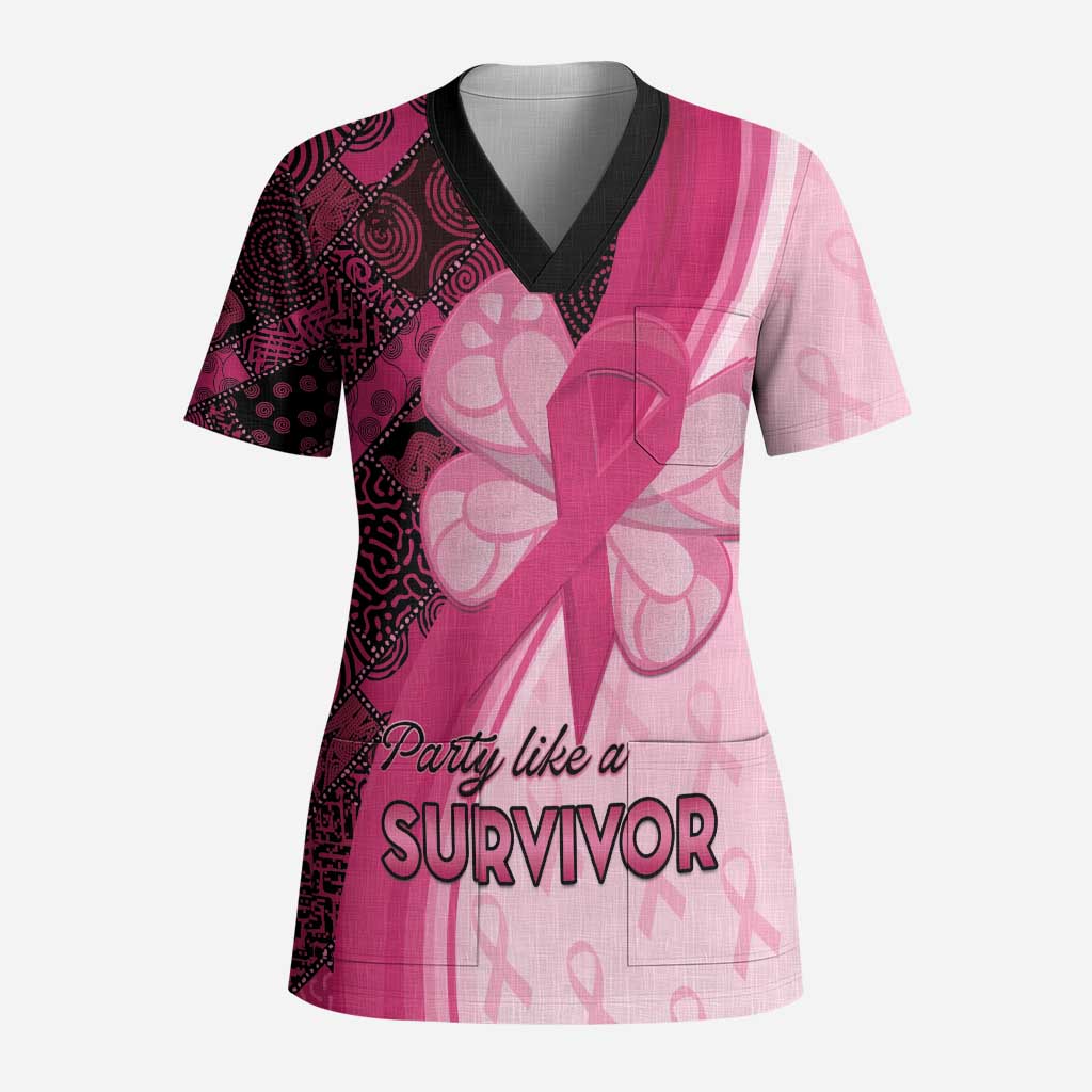 Breast Cancer Awareness Scrub Top Party Like A Survivor - Pink African Pattern - African Pride