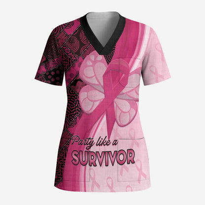 Breast Cancer Awareness Scrub Top Party Like A Survivor - Pink African Pattern - African Pride