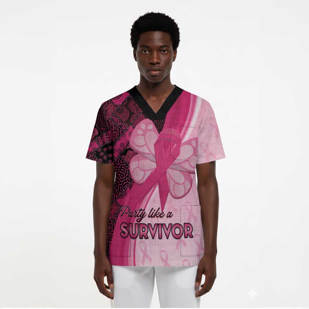 Breast Cancer Awareness Scrub Top Party Like A Survivor - Pink African Pattern - African Pride