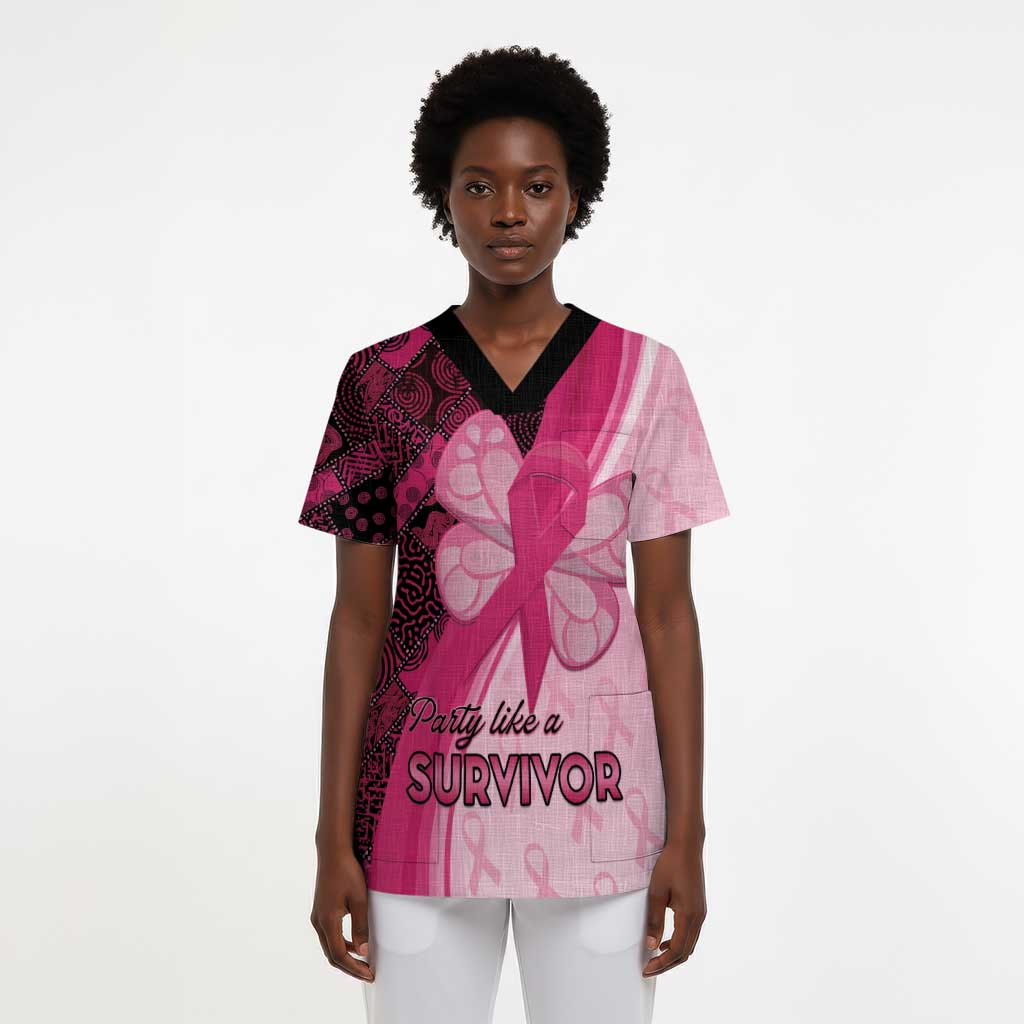 Breast Cancer Awareness Scrub Top Party Like A Survivor - Pink African Pattern - African Pride