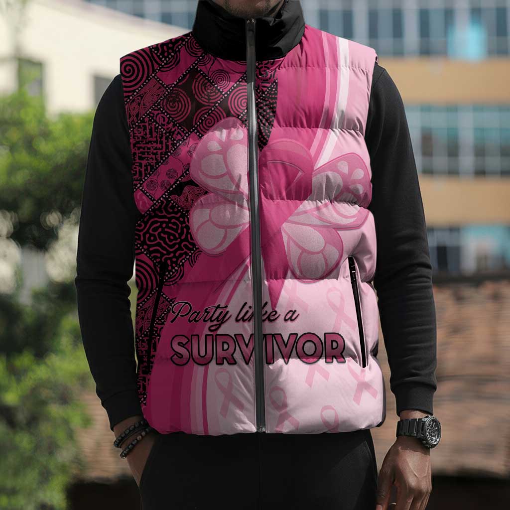 Breast Cancer Awareness Sleeveless Puffer Jacket Party Like A Survivor - Pink African Pattern