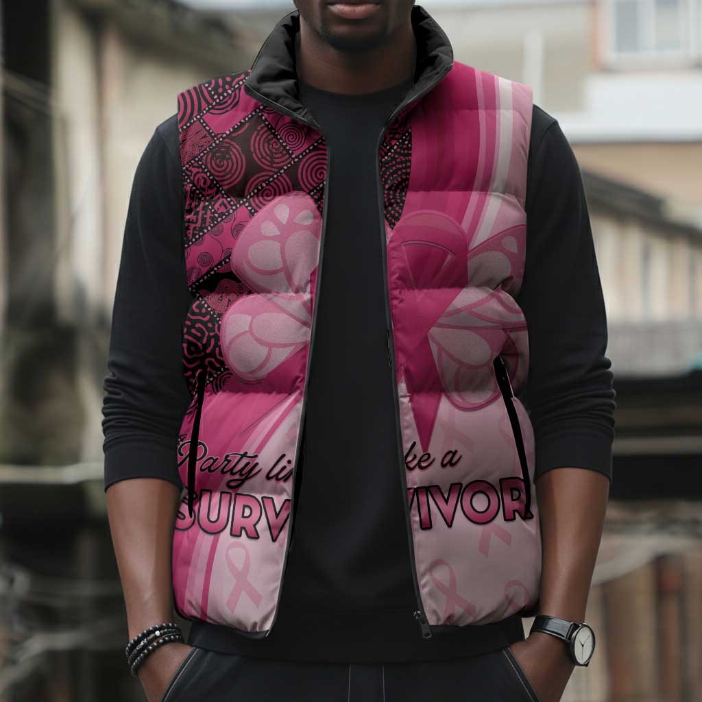Breast Cancer Awareness Sleeveless Puffer Jacket Party Like A Survivor - Pink African Pattern