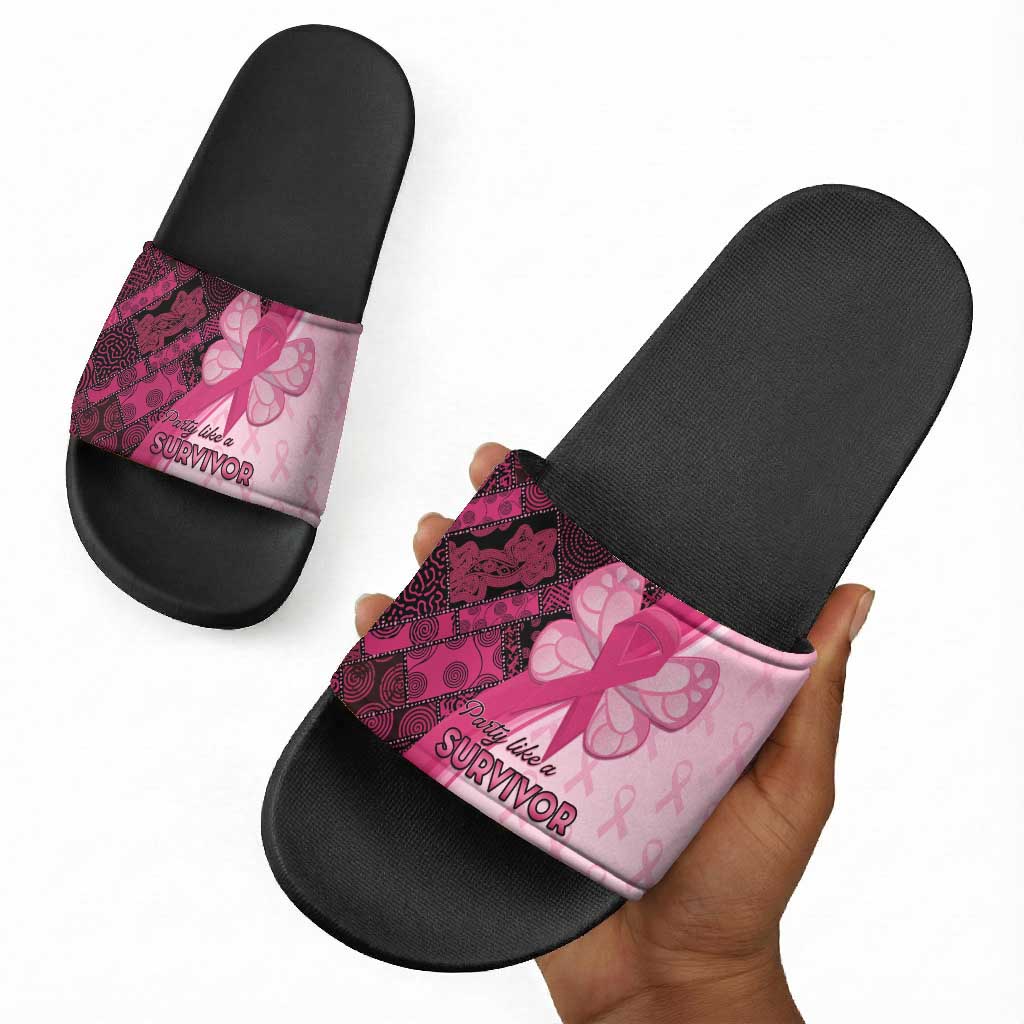Breast Cancer Awareness Slide Sandals Party Like A Survivor - Pink African Pattern