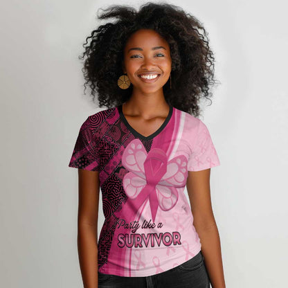 Breast Cancer Awareness Women V-Neck T-Shirt Think Pink - African Pattern - African Pride