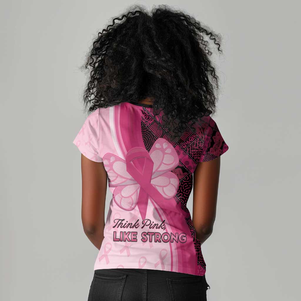 Breast Cancer Awareness Women V-Neck T-Shirt Think Pink - African Pattern - African Pride