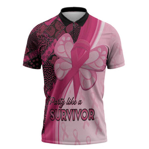 Breast Cancer Awareness Zipper Polo Shirt Party Like A Survivor - Pink African Pattern
