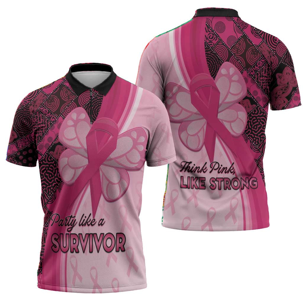 Breast Cancer Awareness Zipper Polo Shirt Party Like A Survivor - Pink African Pattern
