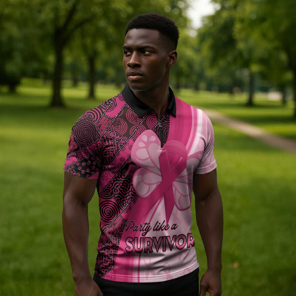Breast Cancer Awareness Zipper Polo Shirt Party Like A Survivor - Pink African Pattern