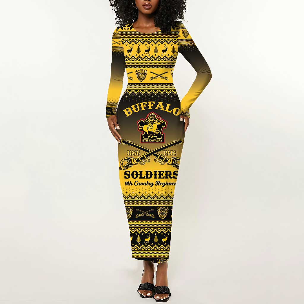 Afro Christmas Buffalo Soldiers Long Sleeve Bodycon Dress 9th Cavalry Regiment - African Pride