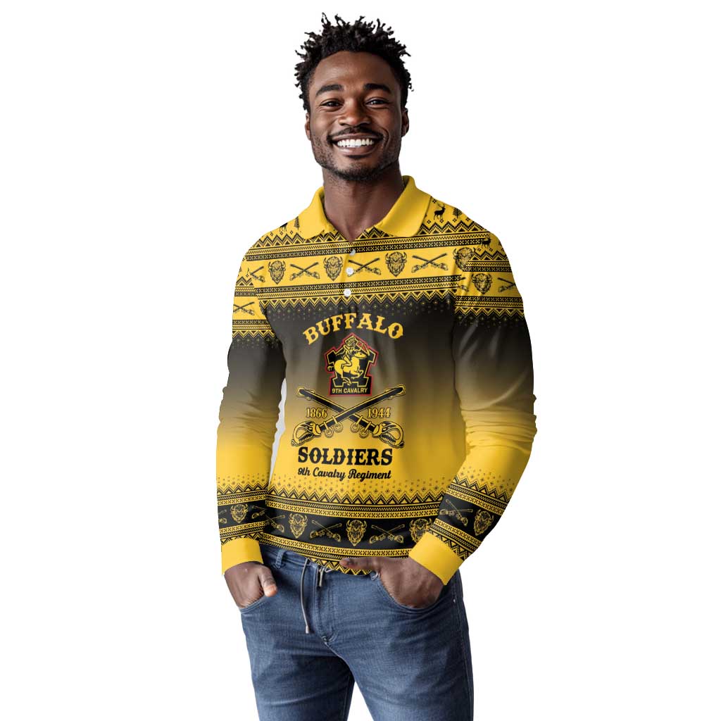 Afro Christmas Buffalo Soldiers Long Sleeve Polo Shirt 9th Cavalry Regiment - African Pride