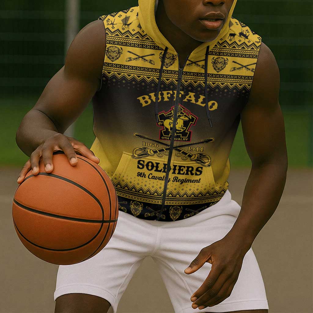 Afro Christmas Buffalo Soldiers Sleeveless Zip Hoodie 9th Cavalry Regiment - African Pride