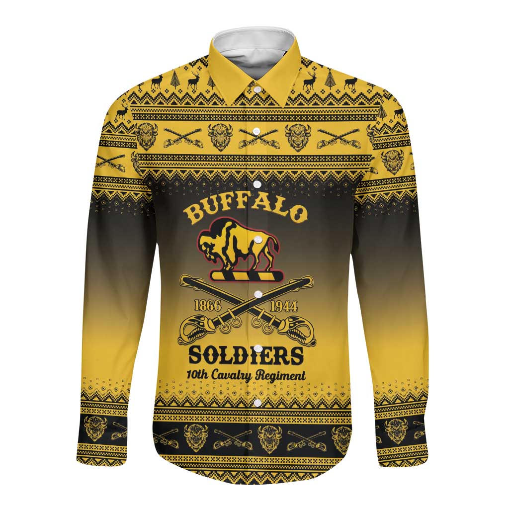 Afro Christmas Buffalo Soldiers Long Sleeve Button Shirt 10th Cavalry Regiment - African Pride