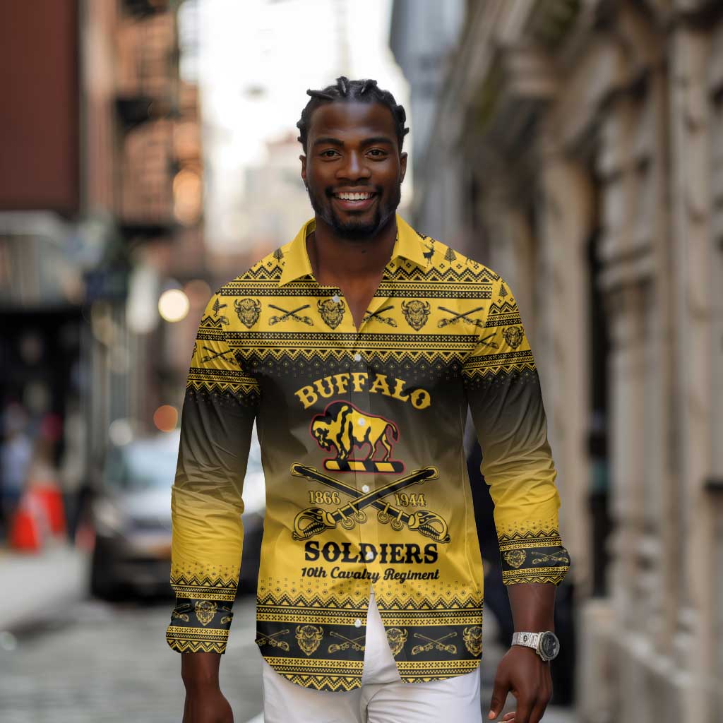 Afro Christmas Buffalo Soldiers Long Sleeve Button Shirt 10th Cavalry Regiment - African Pride