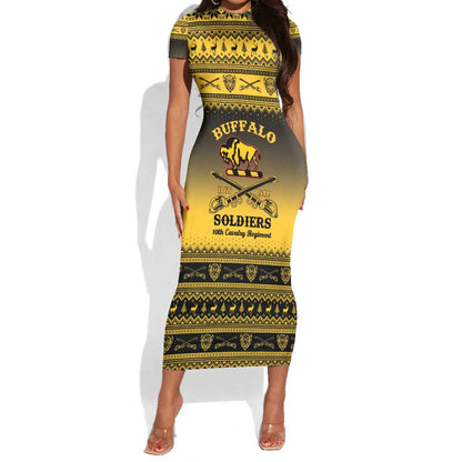 Afro Christmas Buffalo Soldiers Short Sleeve Bodycon Dress 10th Cavalry Regiment - African Pride
