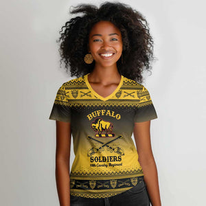 Afro Christmas Buffalo Soldiers Women V-Neck T-Shirt 10th Cavalry Regiment - African Pride