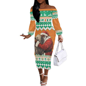 Afro Ivory Coast Christmas Off The Shoulder Long Sleeve Dress Black Santa Afishapa - African Pattern