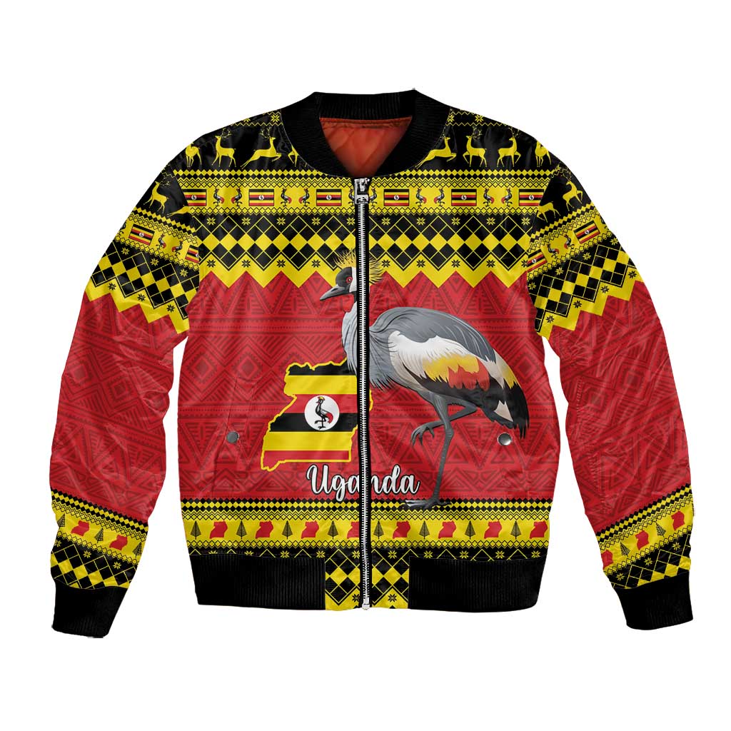 Afro Uganda Christmas Bomber Jacket Grey Crowned Crane Sekukkulu Ennugi