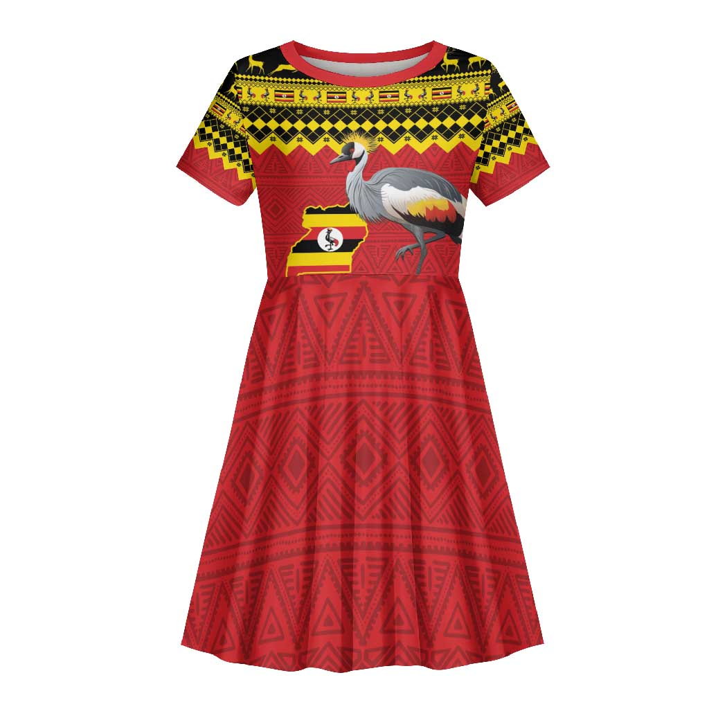 Afro Uganda Christmas Kid Short Sleeve Dress Grey Crowned Crane Sekukkulu Ennugi