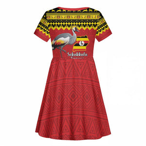 Afro Uganda Christmas Kid Short Sleeve Dress Grey Crowned Crane Sekukkulu Ennugi