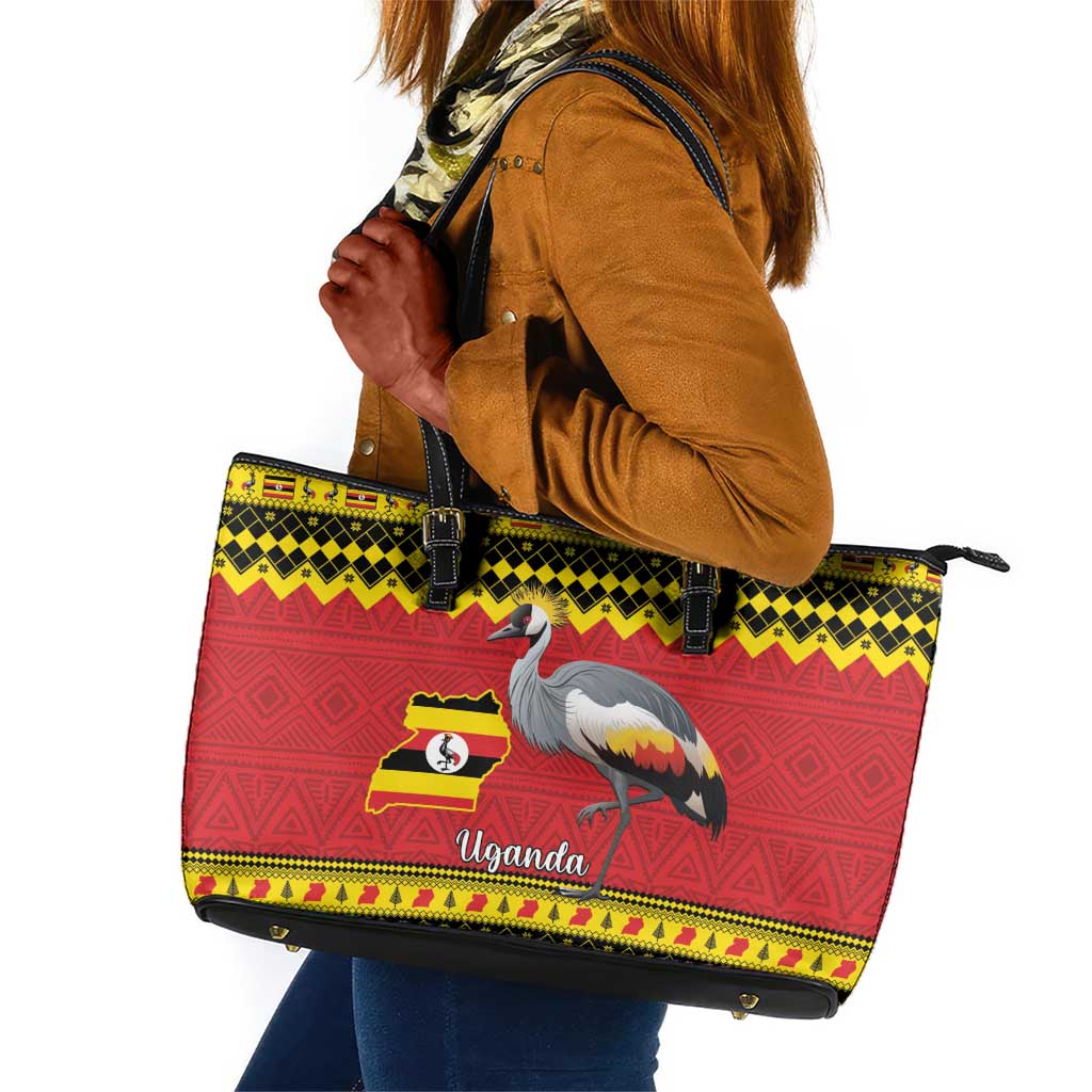 Afro Uganda Christmas Leather Tote Bag Grey Crowned Crane Sekukkulu Ennugi