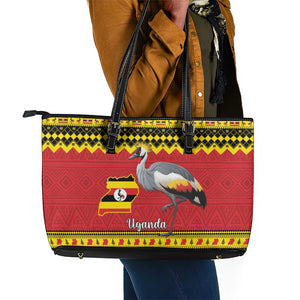 Afro Uganda Christmas Leather Tote Bag Grey Crowned Crane Sekukkulu Ennugi