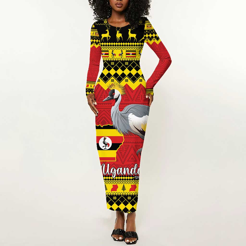 Afro Uganda Christmas Long Sleeve Bodycon Dress Grey Crowned Crane Sekukkulu Ennugi