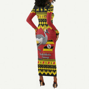 Afro Uganda Christmas Long Sleeve Bodycon Dress Grey Crowned Crane Sekukkulu Ennugi