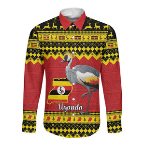 Afro Uganda Christmas Long Sleeve Button Shirt Grey Crowned Crane Sekukkulu Ennugi