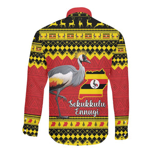 Afro Uganda Christmas Long Sleeve Button Shirt Grey Crowned Crane Sekukkulu Ennugi