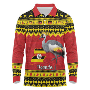 Afro Uganda Christmas Long Sleeve Polo Shirt Grey Crowned Crane Sekukkulu Ennugi