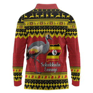 Afro Uganda Christmas Long Sleeve Polo Shirt Grey Crowned Crane Sekukkulu Ennugi