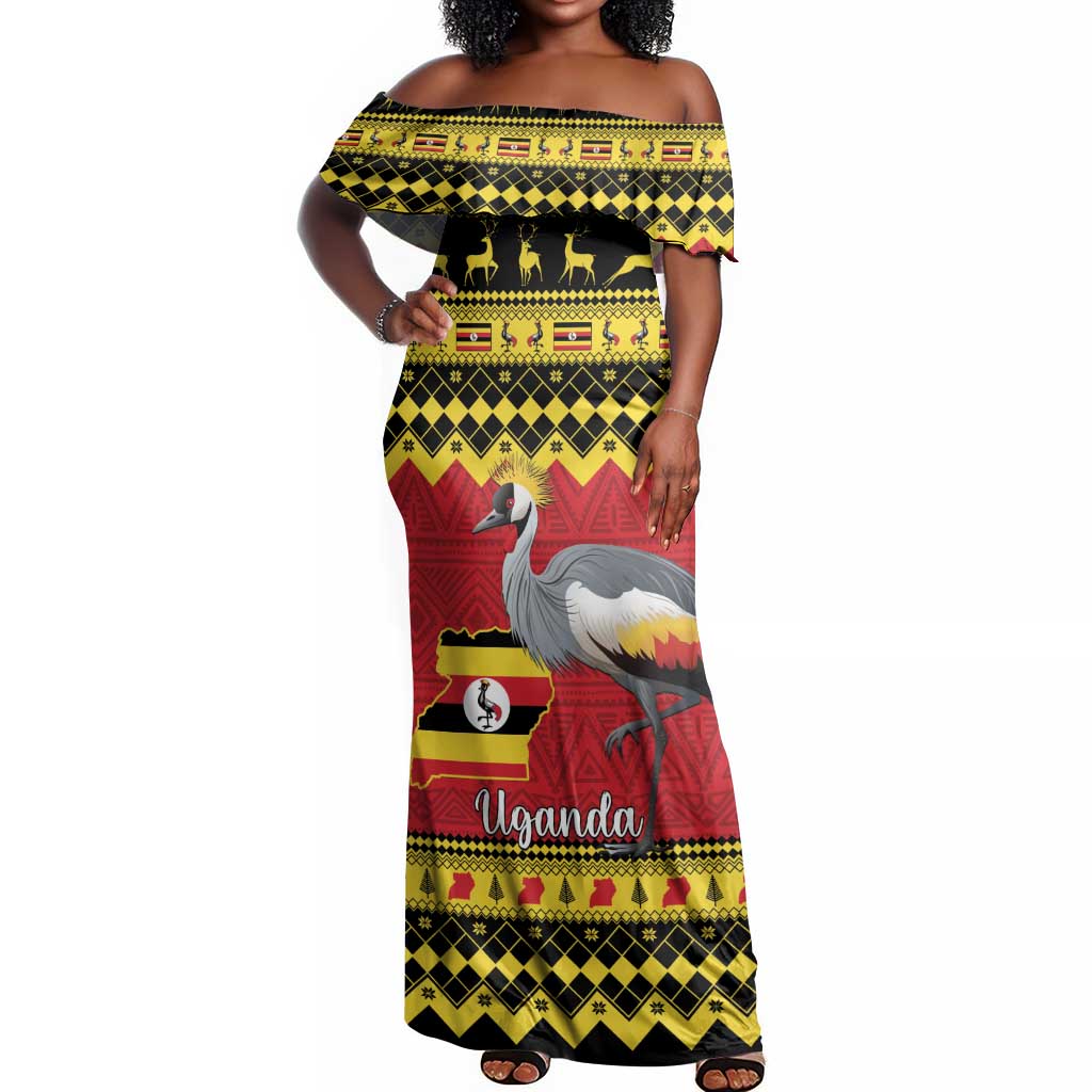 Afro Uganda Christmas Off Shoulder Maxi Dress Grey Crowned Crane Sekukkulu Ennugi