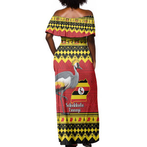 Afro Uganda Christmas Off Shoulder Maxi Dress Grey Crowned Crane Sekukkulu Ennugi