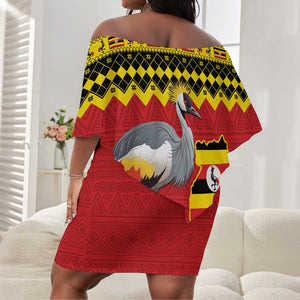 Afro Uganda Christmas Off Shoulder Short Dress Grey Crowned Crane Sekukkulu Ennugi