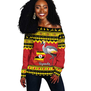 Afro Uganda Christmas Off Shoulder Sweater Grey Crowned Crane Sekukkulu Ennugi