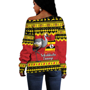 Afro Uganda Christmas Off Shoulder Sweater Grey Crowned Crane Sekukkulu Ennugi