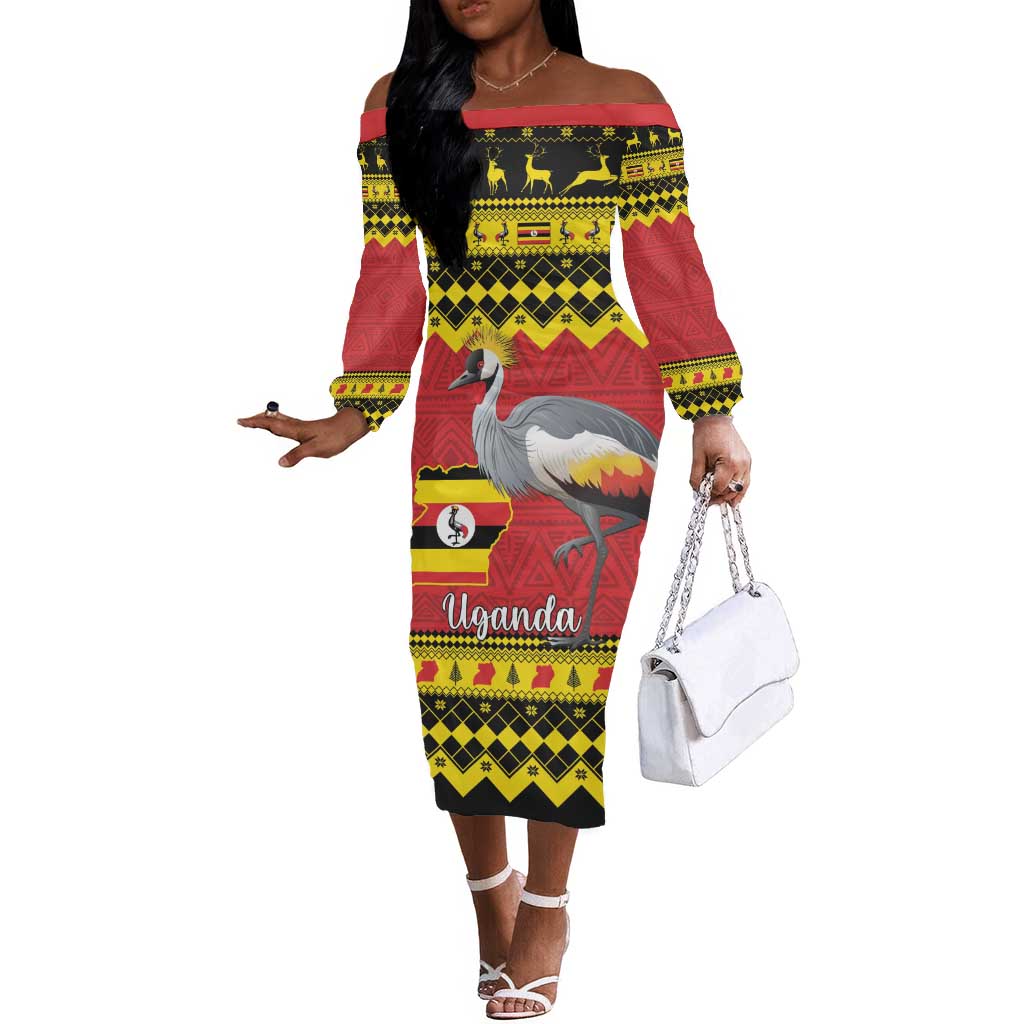 Afro Uganda Christmas Off The Shoulder Long Sleeve Dress Grey Crowned Crane Sekukkulu Ennugi