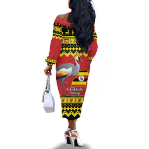 Afro Uganda Christmas Off The Shoulder Long Sleeve Dress Grey Crowned Crane Sekukkulu Ennugi